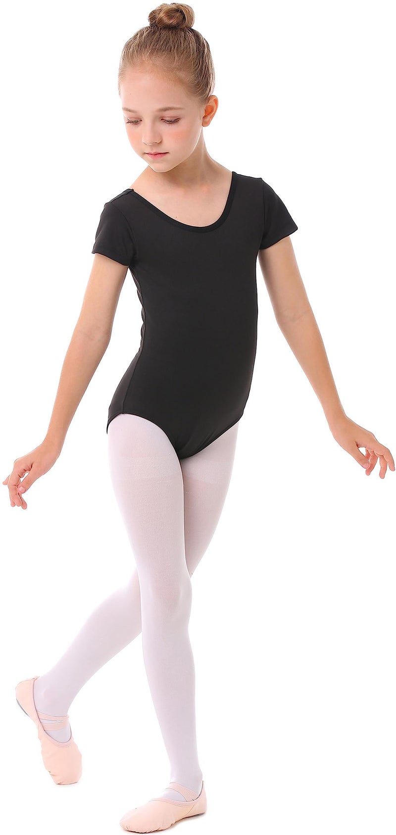 MdnMd Dance Gymnastic Leotards for Girls Black Ballet Short Sleeve Outfit with Cross Back Leotard (Black, Age 10-12) - Image 4