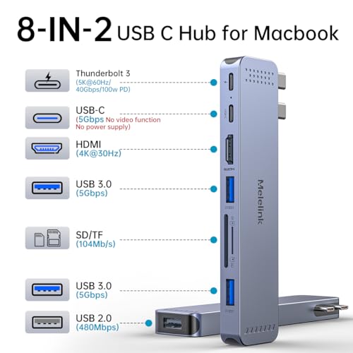Melelink USB C Hub Adapter for MacBook Pro/Air M4 M3 M2 M1 2025-2018 13" 14" 15" 16", Mac Multiport Adapter, 8 in 2 MacBook Accessories Dongle with HDMI 4K, Thunderbolt 3, USB C&A Data Ports, SD TF Card Reader - Image 2