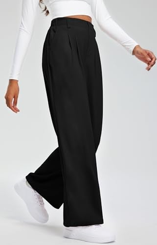 Libin Women's Wide Leg Pants 27" High Waisted Waffle Knit Casual Slacks Work Dress Pants Business Palazzo Trousers with Pockets, Black, M - Image 3