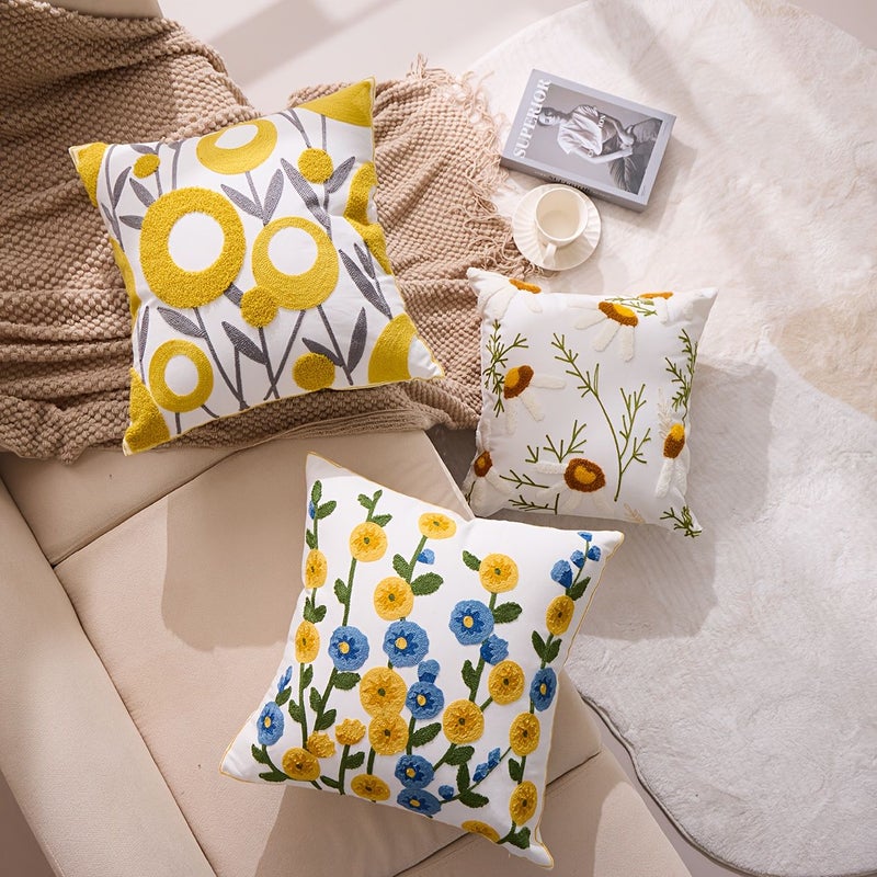 Chamomile Floral Embroidered Canvas Pillow Cover 18x18 Inches Machine Washable Zipper Closure - Image 4