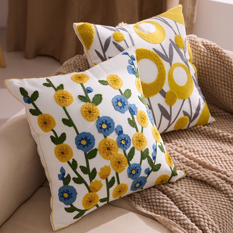 Chamomile Floral Embroidered Canvas Pillow Cover 18x18 Inches Machine Washable Zipper Closure - Image 2