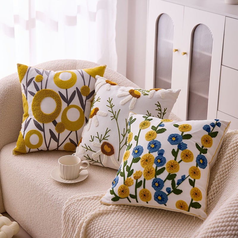 Chamomile Floral Embroidered Canvas Pillow Cover 18x18 Inches Machine Washable Zipper Closure - Image 1