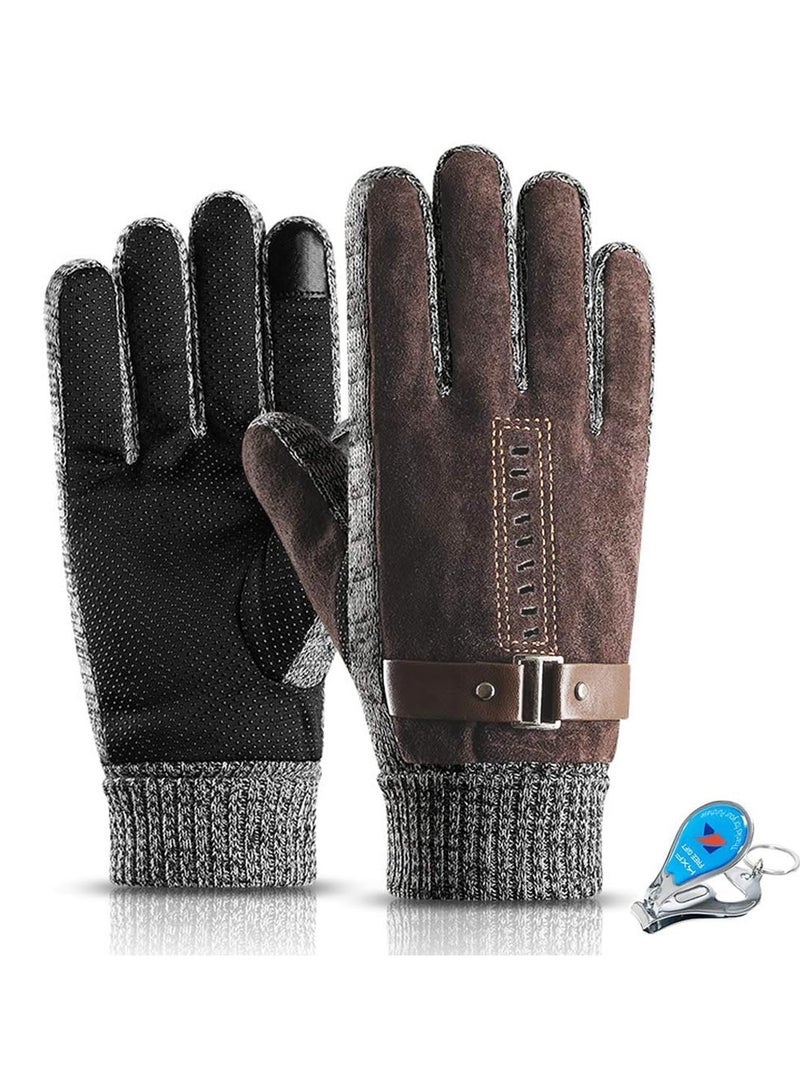SYOSI Men's Leather Thermal Gloves - Winter Thick Warm Fleece Lined, Windproof Cold Proof, Touchscreen Compatible, Ideal for Cycling, Driving, Running, Camping, Hiking - Image 1