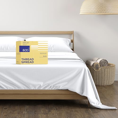 THREAD SPREAD 100 Egyptian Cotton Sheets Full Size  600 Thread Count White Sheet 4 PC 16 Deep Pocket Full Size Sheets Sets High Thread Count Soft Cooling Sateen Weave Cotton Hotel Luxury Sheets