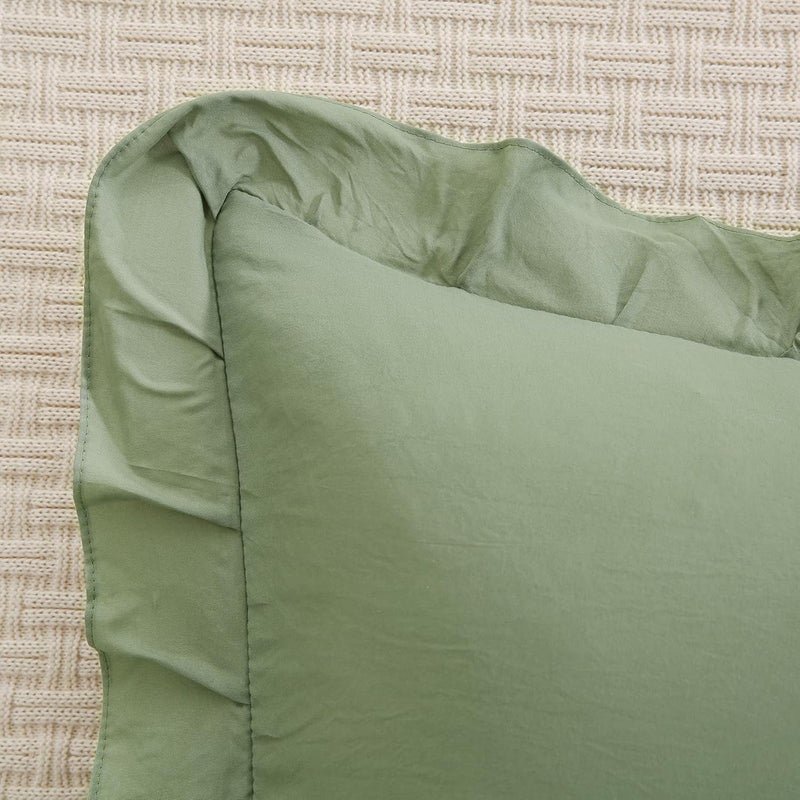 Merryword Avocado Green Pillowcases King Size Ruffled Pillow Shams Set of 2 Cute Pillowcases Solid Green Shabby Chic Pillow Cover 2 Pack - Image 5