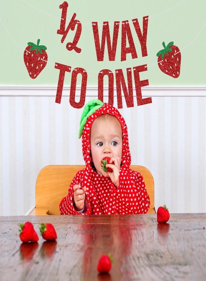 ZACHAKO Red Glitter Strawberry Half Way to One Banner, Strawberry 6 Months/Berry 1/2 Birthday, Strawberry Themed Baby's Half Birthday Party Decorations Supplies - Image 3