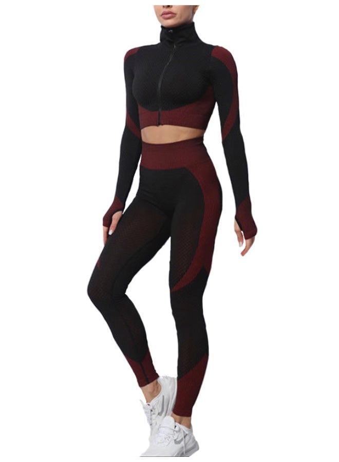 SOLOBUY Breathable Fitness Yoga Set, Gym, Zipper Top, Athletic, Sports, Outfit High Waist Leggings, Color Black With Red, 1 Piece - Image 1
