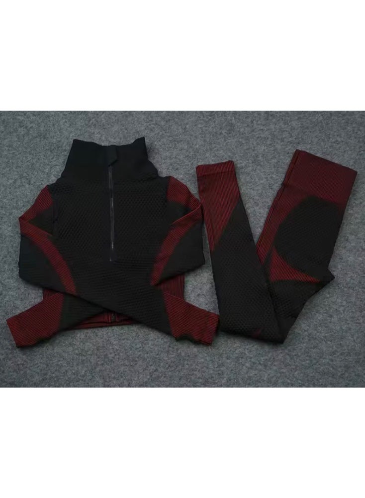 SOLOBUY Breathable Fitness Yoga Set, Gym, Zipper Top, Athletic, Sports, Outfit High Waist Leggings, Color Black With Red, 1 Piece - Image 2