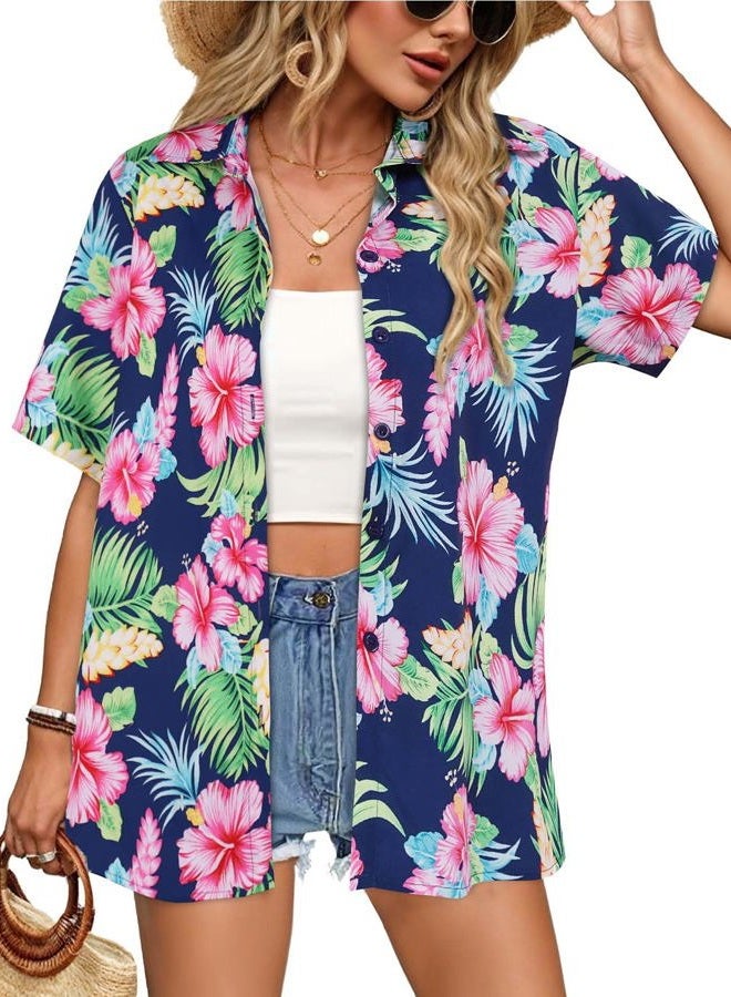 CHICGAL Women Hawaiian Shirt Button Down Summer Tops Beach Cool Short Sleeve V Neck Blouse, Pink Blue Floral, S - Image 1