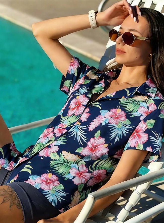 CHICGAL Women Hawaiian Shirt Button Down Summer Tops Beach Cool Short Sleeve V Neck Blouse, Pink Blue Floral, S - Image 2