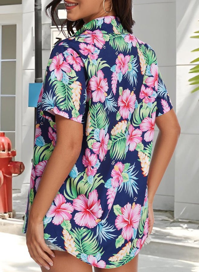 CHICGAL Women Hawaiian Shirt Button Down Summer Tops Beach Cool Short Sleeve V Neck Blouse, Pink Blue Floral, S - Image 5