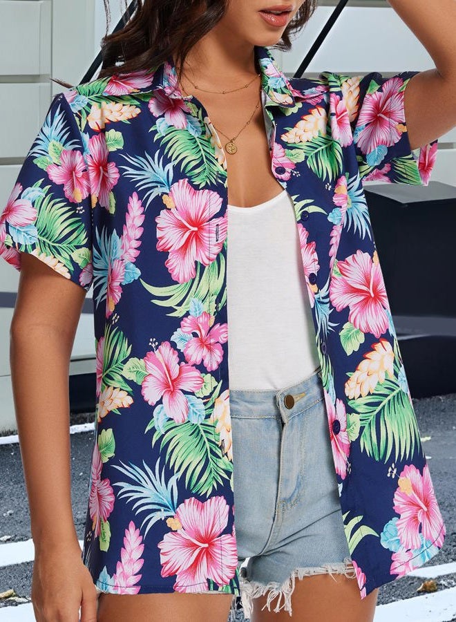 CHICGAL Women Hawaiian Shirt Button Down Summer Tops Beach Cool Short Sleeve V Neck Blouse, Pink Blue Floral, S - Image 4