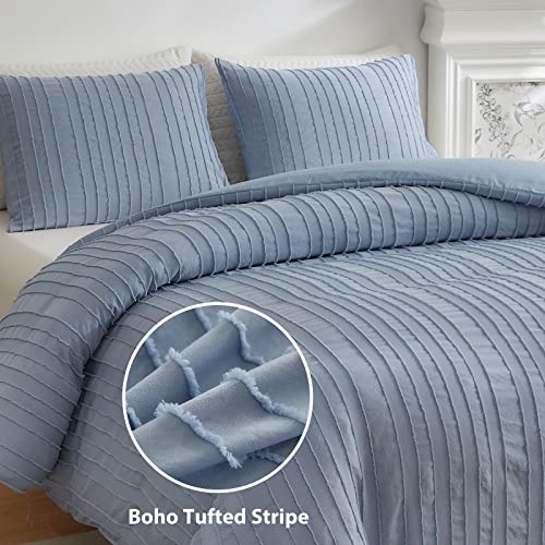 WARMDERN Blue Boho Duvet Cover King Size, Striped Textured Duvet Cover Set Tufted Bedding Set, 3 Pcs Ultra Soft Washed Microfiber Duvet Cover with Zipper Closure (King, Blue) - Image 2