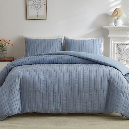WARMDERN Blue Boho Duvet Cover King Size, Striped Textured Duvet Cover Set Tufted Bedding Set, 3 Pcs Ultra Soft Washed Microfiber Duvet Cover with Zipper Closure (King, Blue) - Image 1