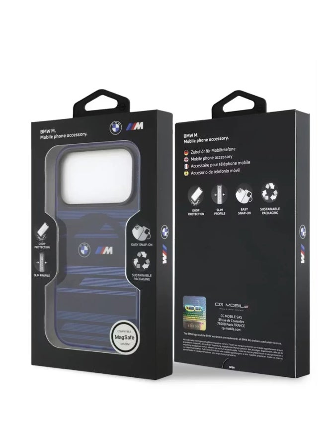 بي إم دبليو جراب BMW MagSafe IML شفاف لهاتف iPhone 17 PRO، أزرار معدنية، تصميمات خطوط، تصميم رفيع، حماية من السقوط - ازرق - Image 1