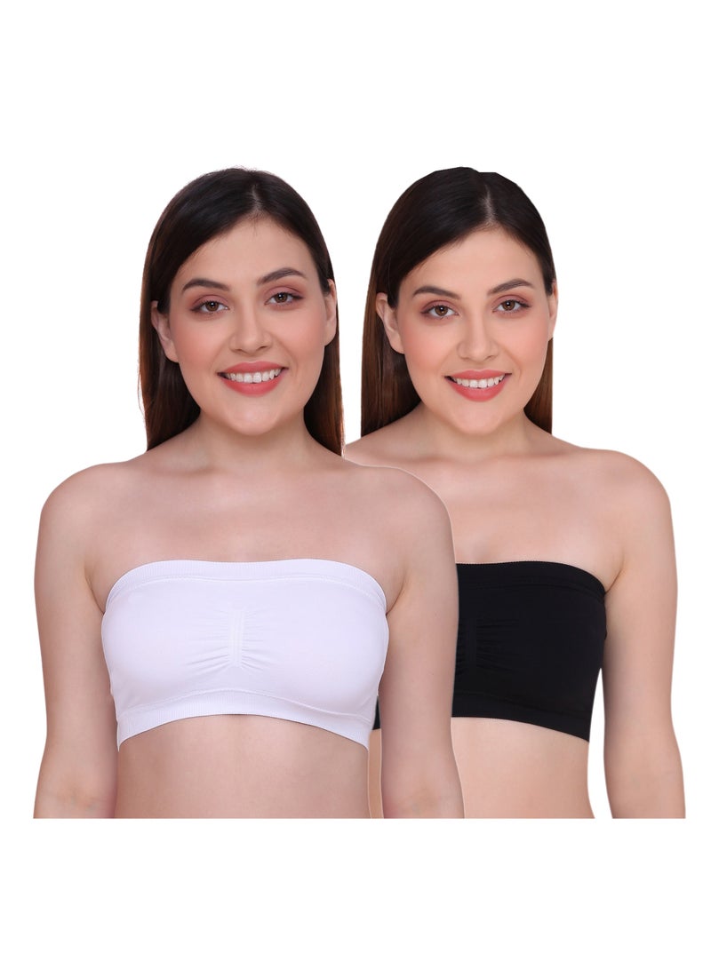 Glamroot Women's Strapless Seamless Padded Bandeau Tube Top Bra, Removable Pads, Black/White, Size S To 2XL - Image 1