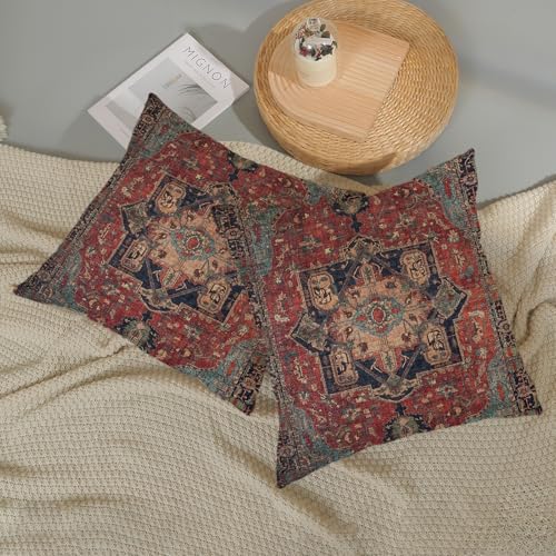 DAFENA Boho Pillow Covers 18x18 Inch 2 Pcs Vintage Red Carpet Pattern Ethnic Decor Throw Pillows Blue Teal Retro Bohemian Outdoor Farmhouse Decoration Pillowcase Linen Cushion Cover for Couch Sofa Bed - Image 5