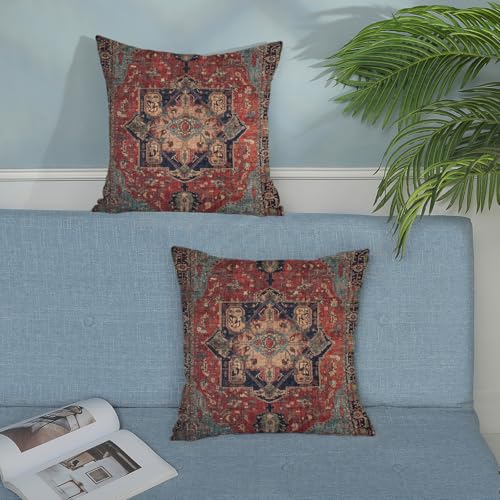 DAFENA Boho Pillow Covers 18x18 Inch 2 Pcs Vintage Red Carpet Pattern Ethnic Decor Throw Pillows Blue Teal Retro Bohemian Outdoor Farmhouse Decoration Pillowcase Linen Cushion Cover for Couch Sofa Bed - Image 3