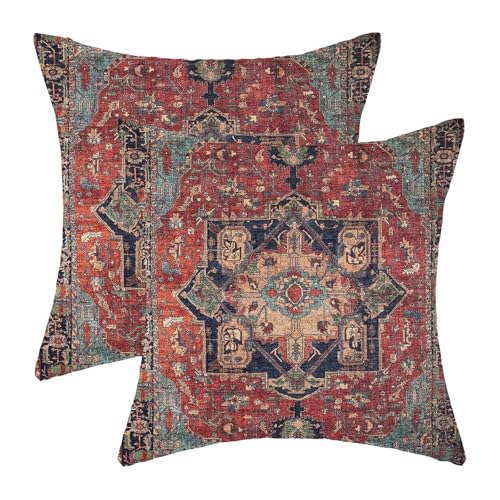 DAFENA Boho Pillow Covers 18x18 Inch 2 Pcs Vintage Red Carpet Pattern Ethnic Decor Throw Pillows Blue Teal Retro Bohemian Outdoor Farmhouse Decoration Pillowcase Linen Cushion Cover for Couch Sofa Bed - Image 1