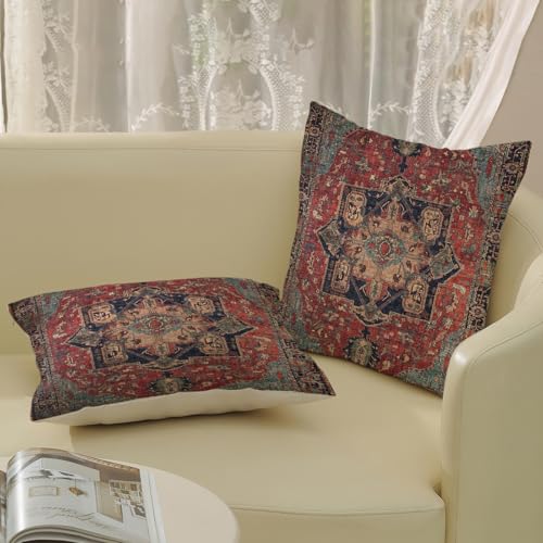 DAFENA Boho Pillow Covers 18x18 Inch 2 Pcs Vintage Red Carpet Pattern Ethnic Decor Throw Pillows Blue Teal Retro Bohemian Outdoor Farmhouse Decoration Pillowcase Linen Cushion Cover for Couch Sofa Bed - Image 4