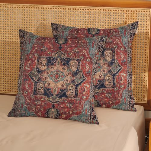 DAFENA Boho Pillow Covers 18x18 Inch 2 Pcs Vintage Red Carpet Pattern Ethnic Decor Throw Pillows Blue Teal Retro Bohemian Outdoor Farmhouse Decoration Pillowcase Linen Cushion Cover for Couch Sofa Bed - Image 2
