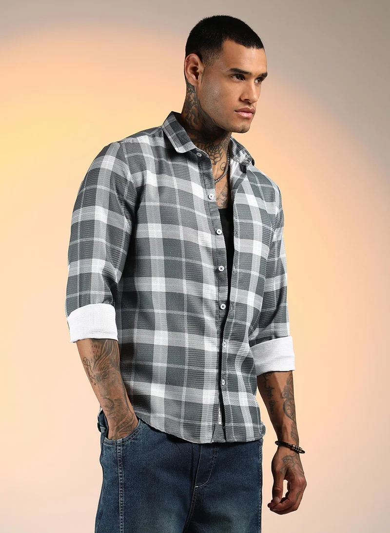 Campus Sutra  Men's Slate Grey Tartan Plaid Shirt for Men | Best Price UAE