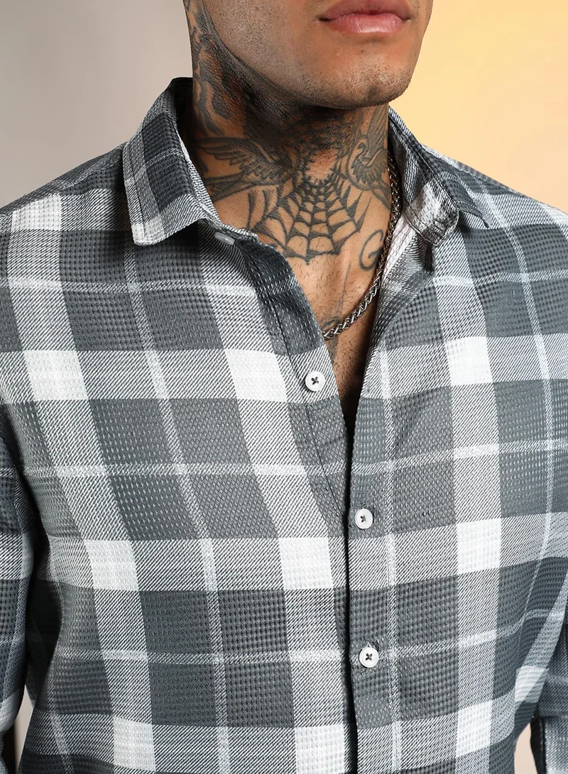 Campus Sutra  Men's Slate Grey Tartan Plaid Shirt for Men | Best Price UAE