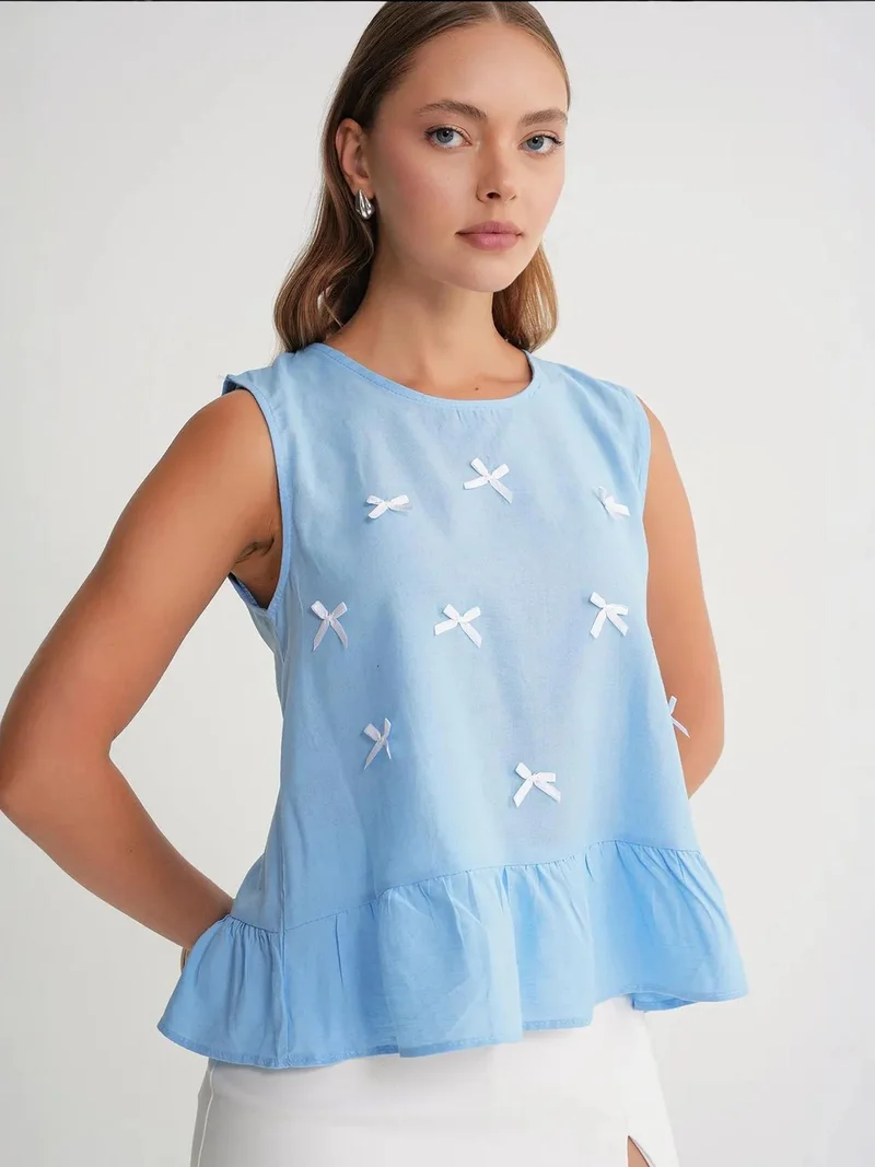 MixRay Mixray Crew Neck Blouse with Bow Detail