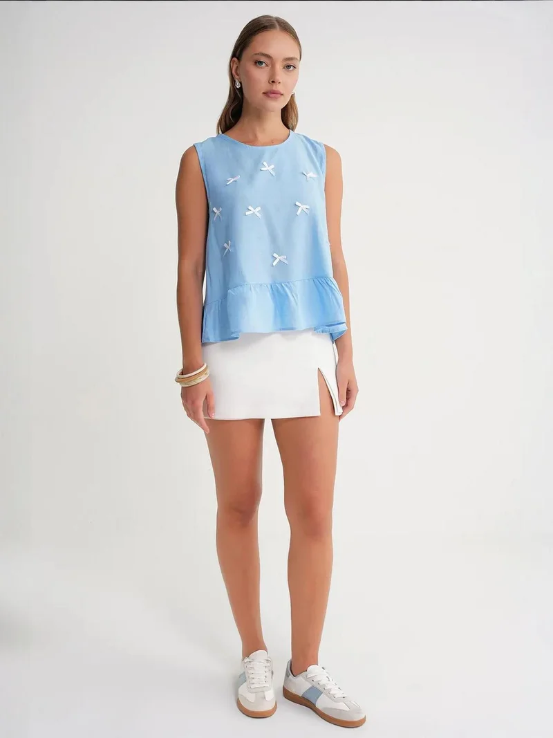 MixRay Mixray Crew Neck Blouse with Bow Detail