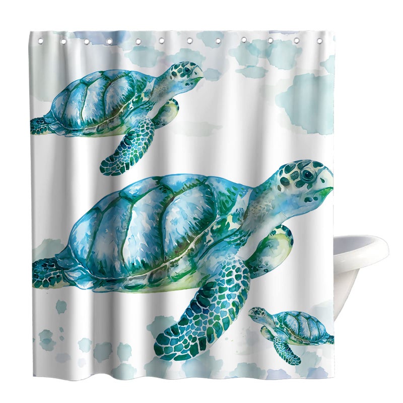 Final Friday Beach Nautical Sea Turtle Theme Fabric Shower Curtain Sets Ocean Family Bathroom Decor with Hooks Waterproof Washable 72 x 72 inches White Blue and Green - Image 1
