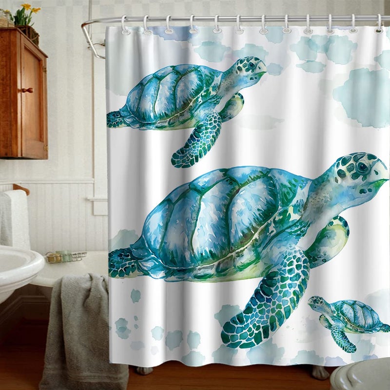 Final Friday Beach Nautical Sea Turtle Theme Fabric Shower Curtain Sets Ocean Family Bathroom Decor with Hooks Waterproof Washable 72 x 72 inches White Blue and Green - Image 2
