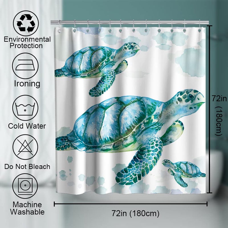 Final Friday Beach Nautical Sea Turtle Theme Fabric Shower Curtain Sets Ocean Family Bathroom Decor with Hooks Waterproof Washable 72 x 72 inches White Blue and Green - Image 4