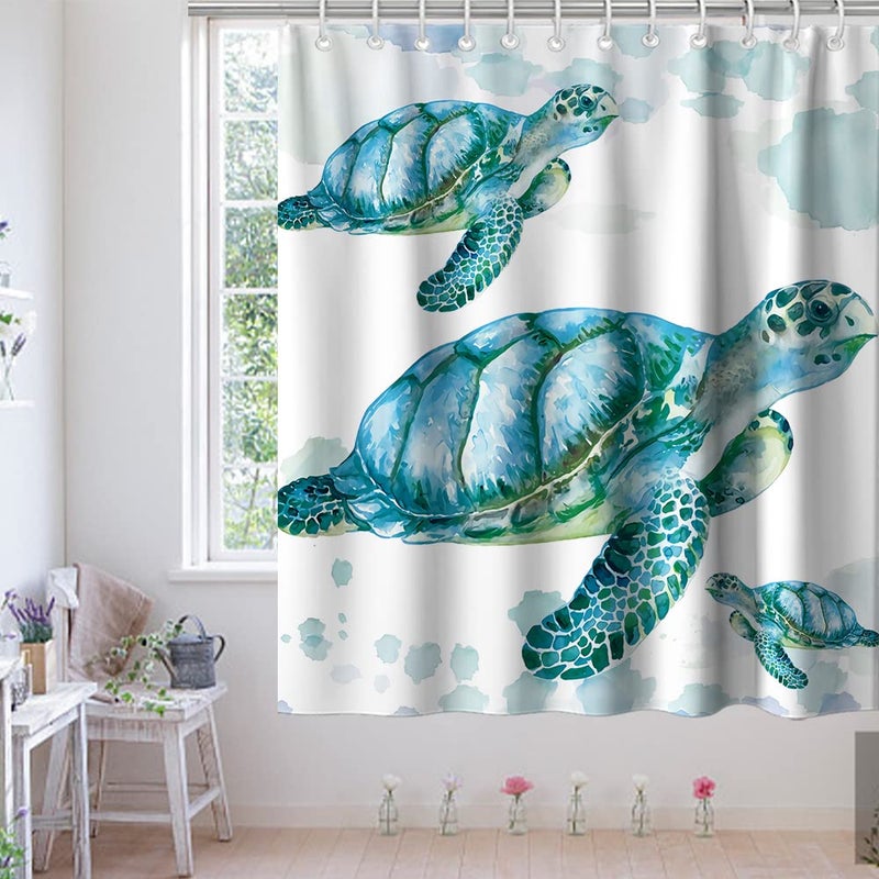 Final Friday Beach Nautical Sea Turtle Theme Fabric Shower Curtain Sets Ocean Family Bathroom Decor with Hooks Waterproof Washable 72 x 72 inches White Blue and Green - Image 3