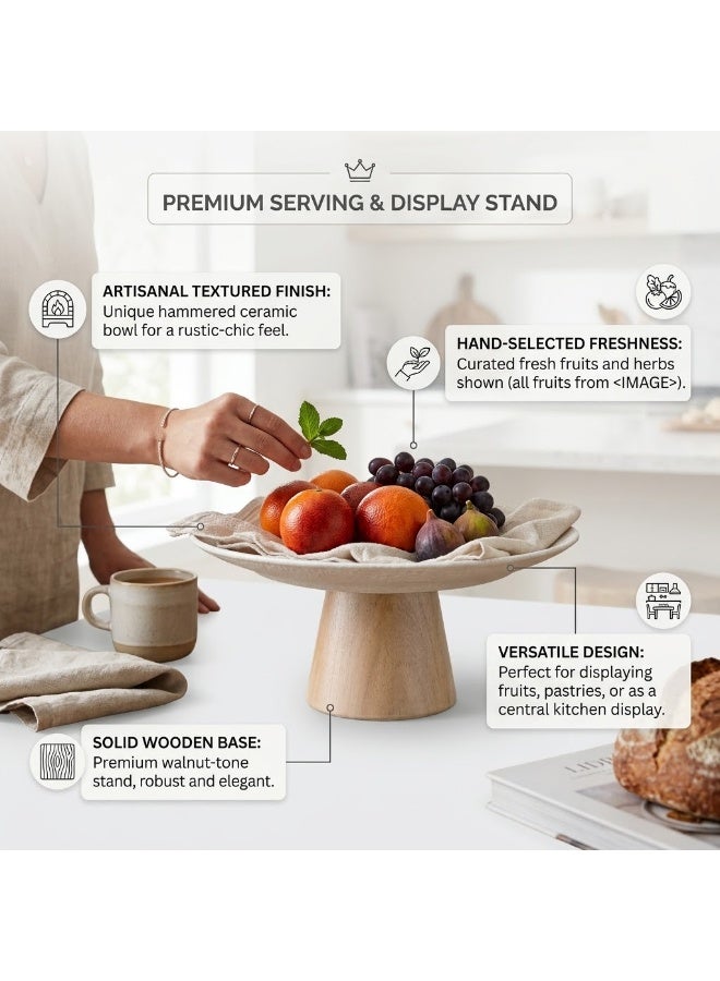 BARIQ.HOMES BARIQ HOMES 20 cm Ceramic Pedestal Serving Stand with Wooden Base, Elevated Fruit, Dessert & Cake Display Plate, White & Brown - Image 5