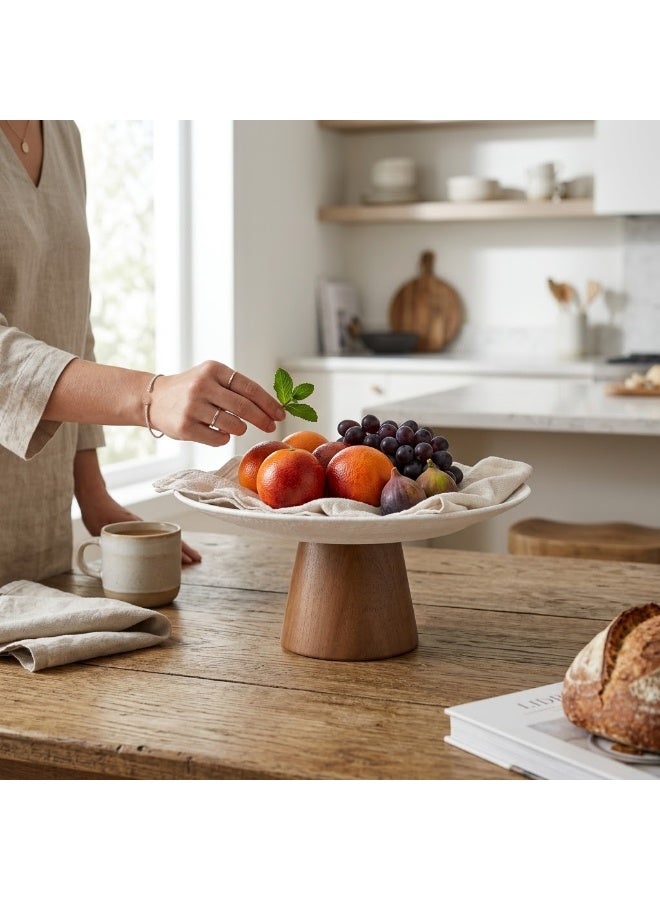 BARIQ.HOMES BARIQ HOMES 20 cm Ceramic Pedestal Serving Stand with Wooden Base, Elevated Fruit, Dessert & Cake Display Plate, White & Brown - Image 3
