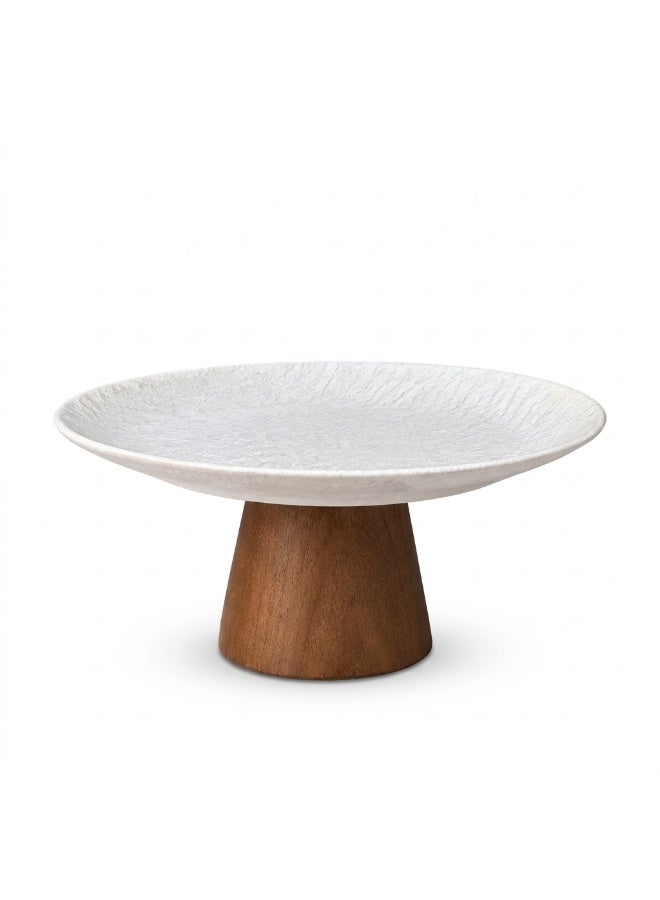 BARIQ.HOMES BARIQ HOMES 20 cm Ceramic Pedestal Serving Stand with Wooden Base, Elevated Fruit, Dessert & Cake Display Plate, White & Brown - Image 1