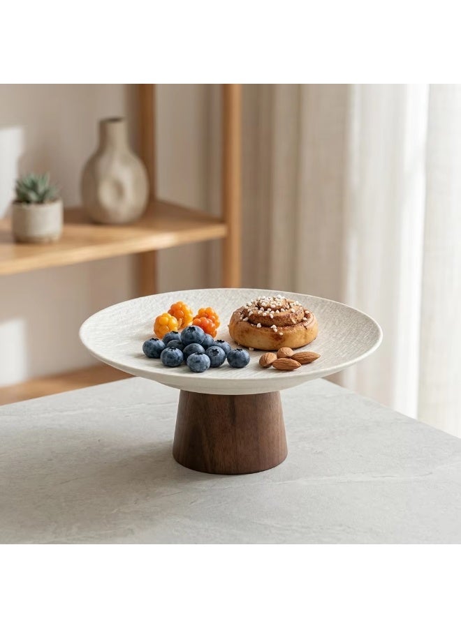 BARIQ.HOMES BARIQ HOMES 20 cm Ceramic Pedestal Serving Stand with Wooden Base, Elevated Fruit, Dessert & Cake Display Plate, White & Brown - Image 2
