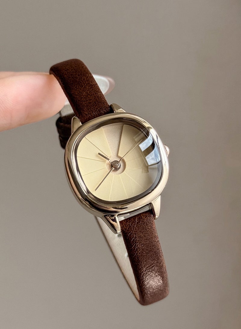 GEDI Retro Square Women's Watch, Brown Leather Strap Niche Design Watch, Artistic Style Minimalist Quartz Watch