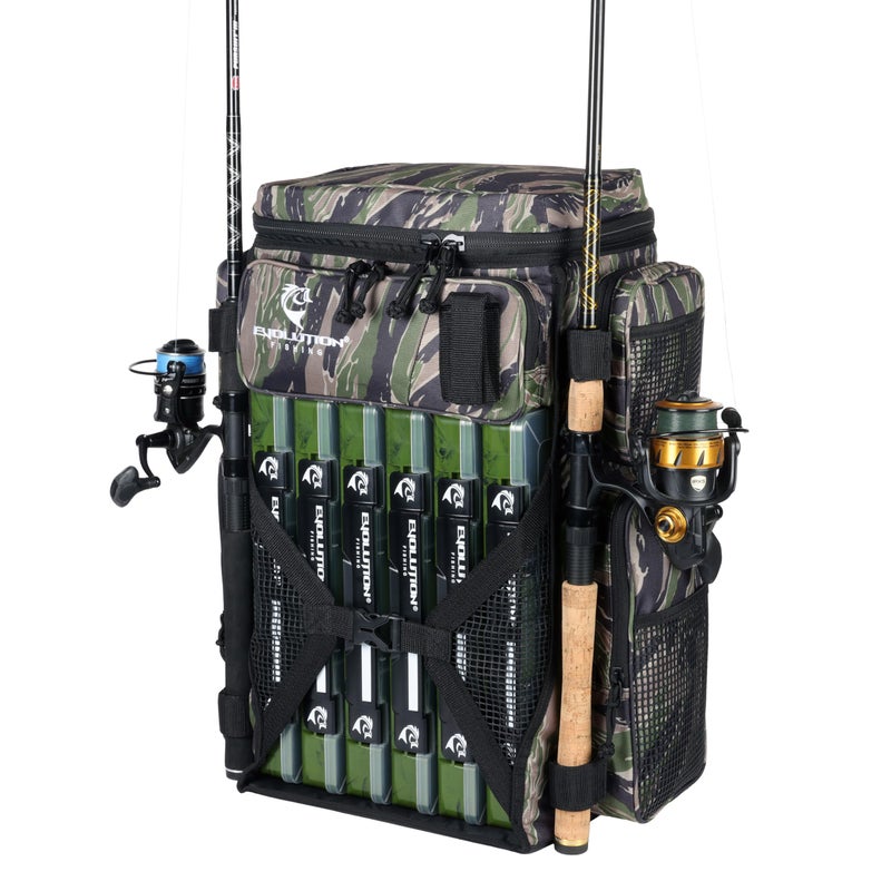 Evolution Outdoor Evolution Fishing Drift Series 3700 Tackle Backpack with QuikLatch System & 2 Rod Holders â€“ Tiger Stripe Camo, Heavy Duty Fishing Backpack w/ 6 Tackle Trays - Image 2