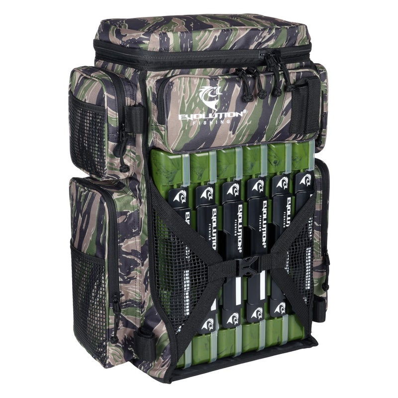Evolution Outdoor Evolution Fishing Drift Series 3700 Tackle Backpack with QuikLatch System & 2 Rod Holders â€“ Tiger Stripe Camo, Heavy Duty Fishing Backpack w/ 6 Tackle Trays - Image 1