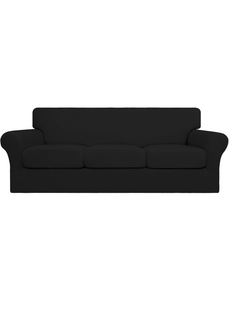 Easy-Going EasyGoing 4 Pieces Stretch Soft Couch Cover for Dogs  Washable Sofa Slipcover for 3 Separate Cushion Couch  Elastic Furniture Protector for Pets Kids Sofa Black Large 