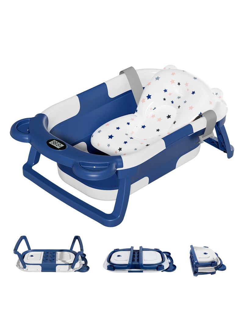 عربست حوض استحمام قابل للطي للأطفال حديثي الولادة مزود بمقياس حرارة ووسادة عائمة ناعمة، حوض استحمام محمول للسفر مزود بفتحة تصريف، أحواض استحمام قابلة للطي ومتينة للأطفال الرضع والأطفال الصغار (أزرق) - Image 1