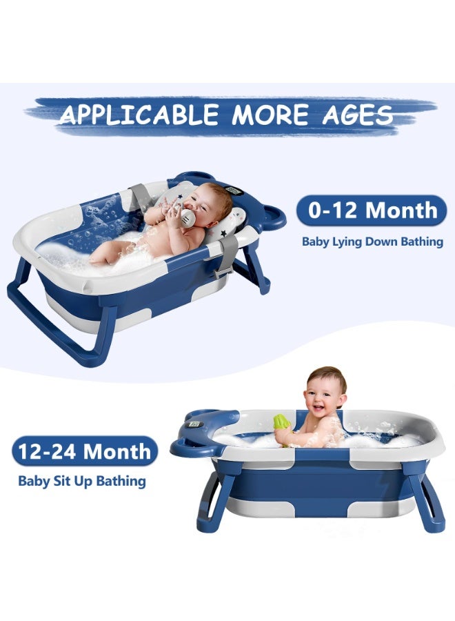 عربست حوض استحمام قابل للطي للأطفال حديثي الولادة مزود بمقياس حرارة ووسادة عائمة ناعمة، حوض استحمام محمول للسفر مزود بفتحة تصريف، أحواض استحمام قابلة للطي ومتينة للأطفال الرضع والأطفال الصغار (أزرق) - Image 3