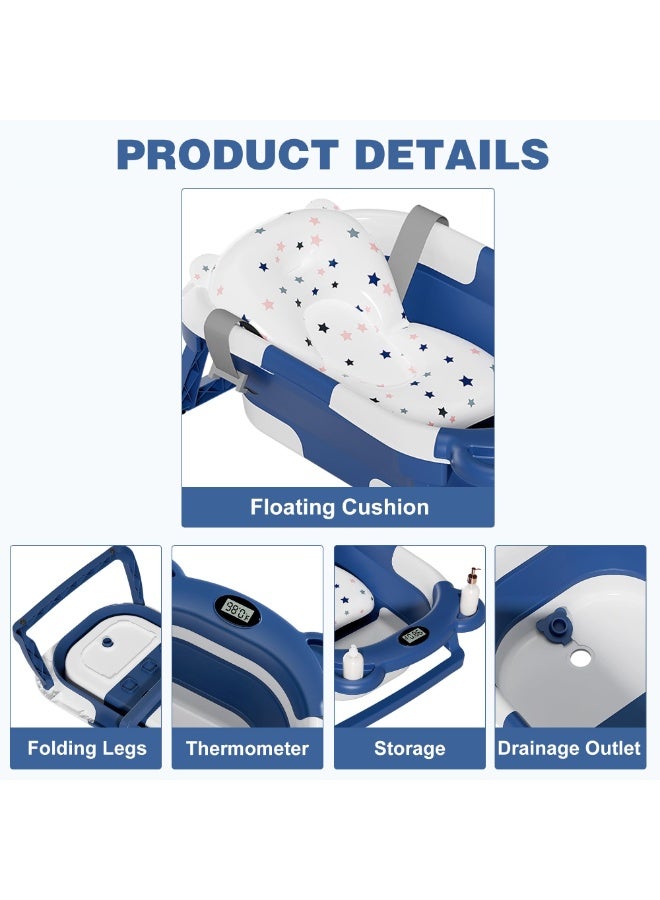 عربست حوض استحمام قابل للطي للأطفال حديثي الولادة مزود بمقياس حرارة ووسادة عائمة ناعمة، حوض استحمام محمول للسفر مزود بفتحة تصريف، أحواض استحمام قابلة للطي ومتينة للأطفال الرضع والأطفال الصغار (أزرق) - Image 5