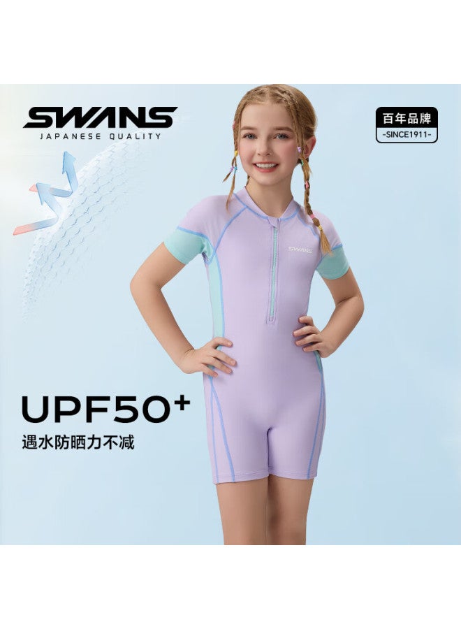 Suanshi Girls' One-piece Swimsuit, Square Leg Design, Chlorine-resistant, Quick-drying, Professional Sun Protection Surfing Suit, Light Purple, Size 160