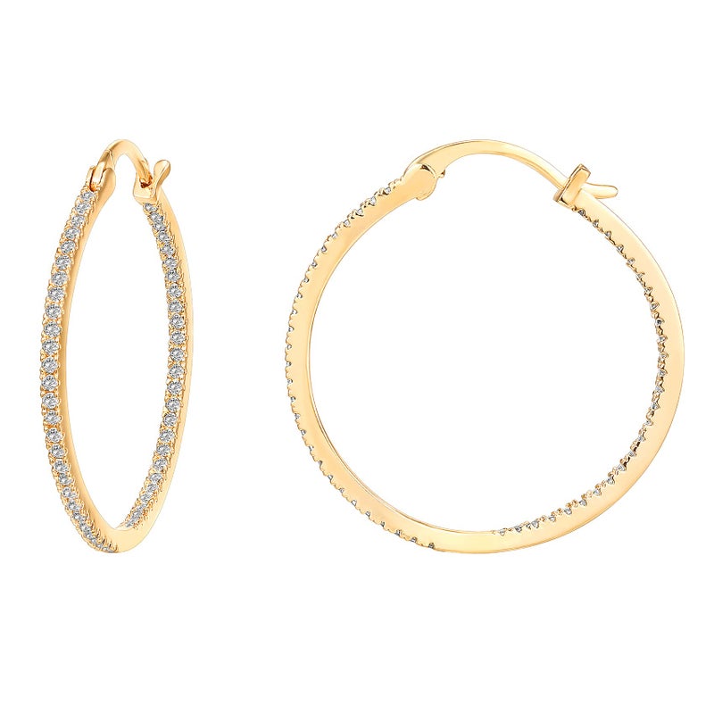 PAVOI 14K Gold Plated 925 Sterling Silver Post Cubic Zirconia Hoop Earrings | Large Yellow Gold Hoops - Image 1