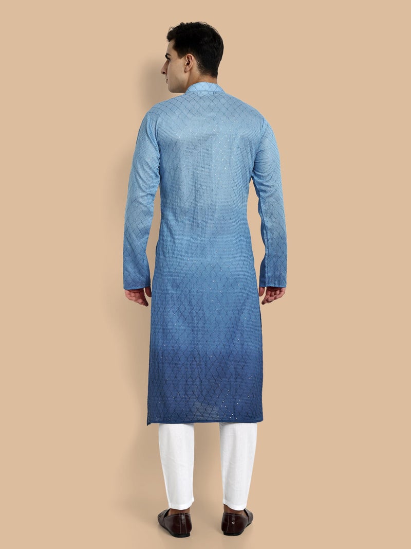 Vardha Men's Cotton Chikankari Embroidered and Sequence Full Sleeve Knee Length Casual Kurta for All Occations Like Wedding, Office & Events (MK_34_M_LK) Light Blue - Image 3