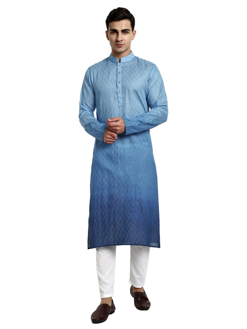 Vardha Men's Cotton Chikankari Embroidered and Sequence Full Sleeve Knee Length Casual Kurta for All Occations Like Wedding, Office & Events (MK_34_M_LK) Light Blue - Image 1