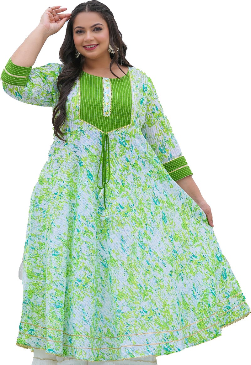 Yash Gallery Women's Cotton Tie & Dye Printed Regular Fit Anarkali Kurta (1498Ykgreen_Green_Xl) - Image 1