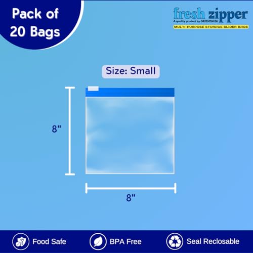 GREENTWISH Fresh Zipper (Pack of 20) Storage Slider Bags, Freezer and Microwave Safe, Reusable LDPE, Transparent, Travel Packing, Ziplock Vegetable Fridge Food Bag | Size: 8 x 8 Inch (Small) - Image 2
